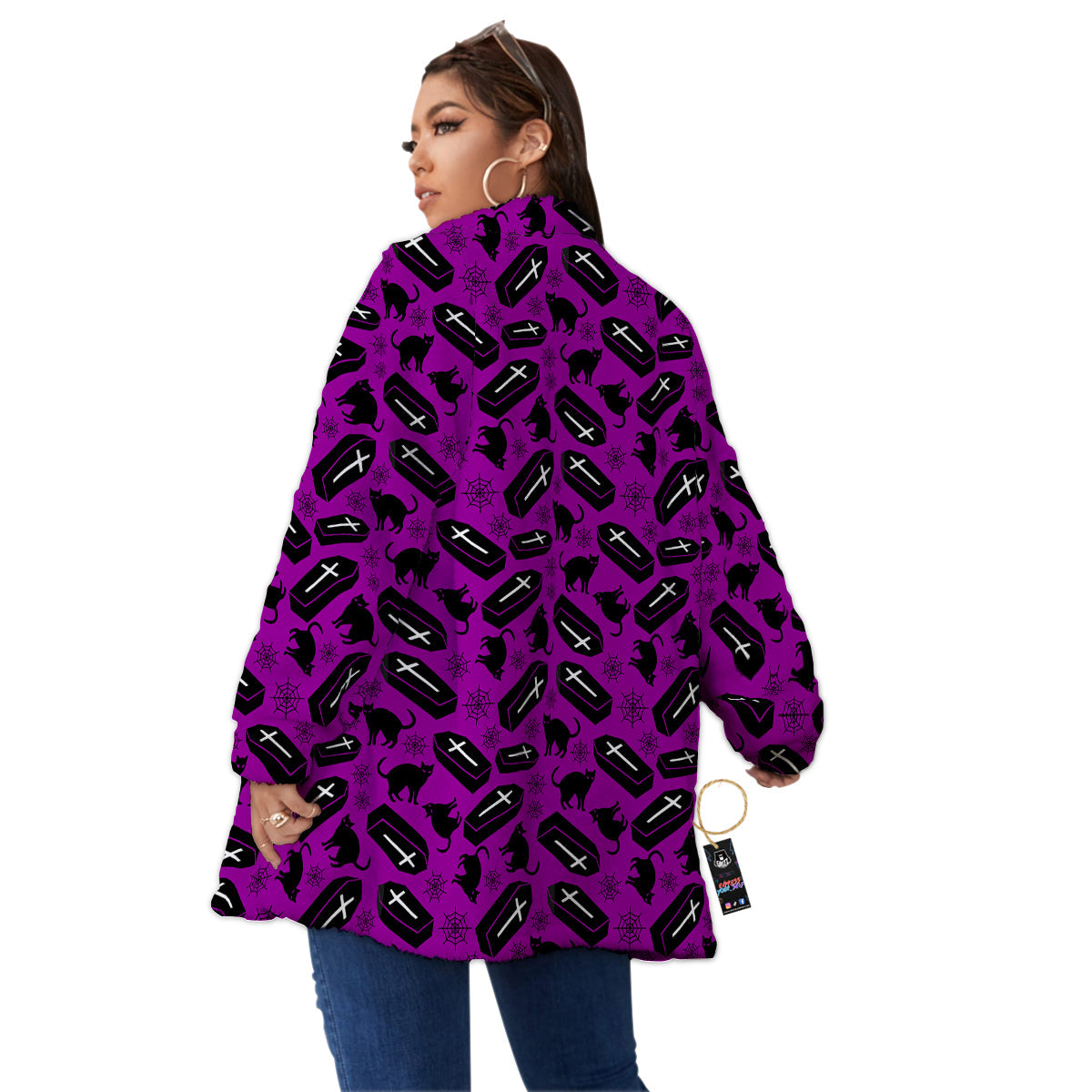 Coffin And Cat Purple Print Pattern Women's Sherpa Jacket-grizzshop