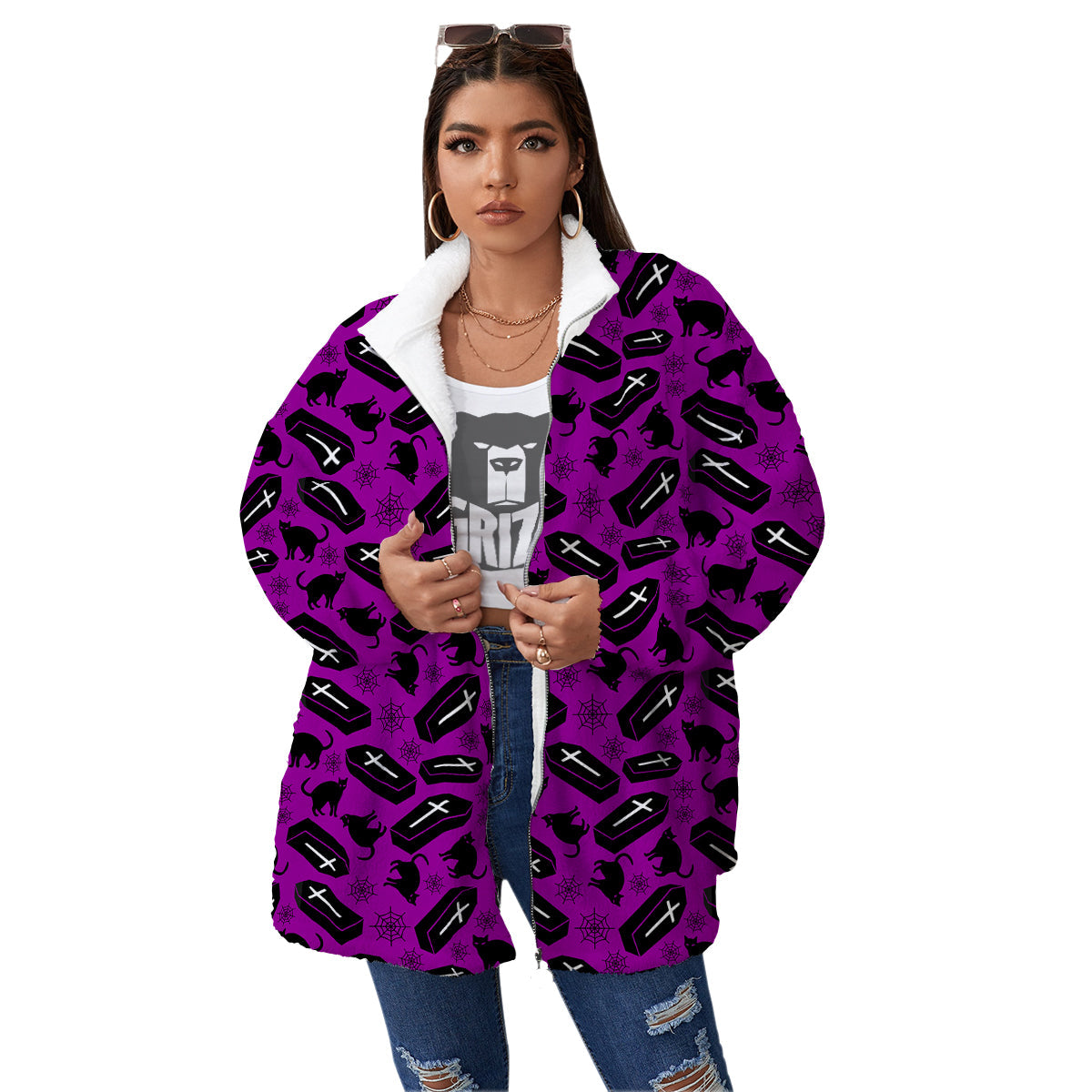Coffin And Cat Purple Print Pattern Women's Sherpa Jacket-grizzshop