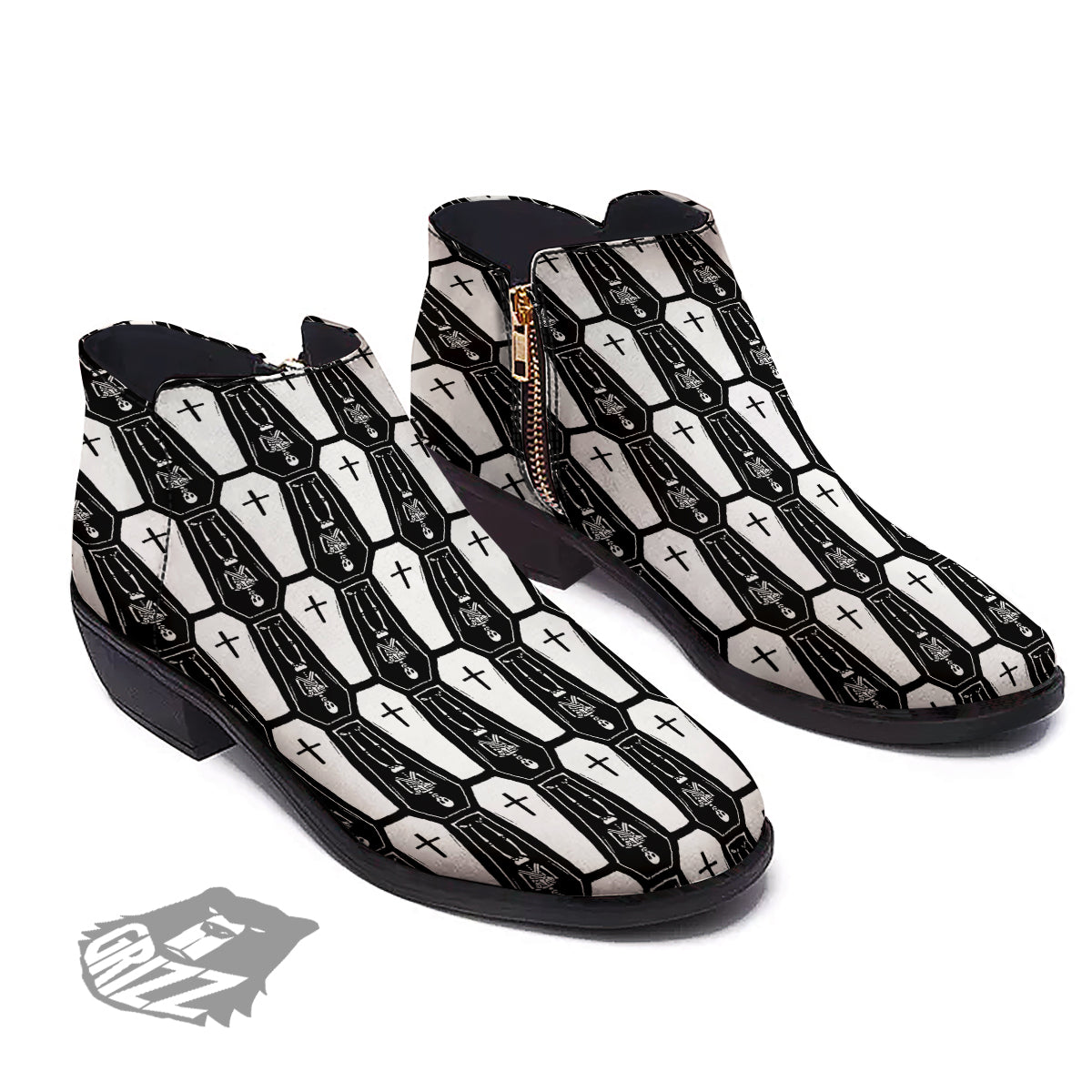 Coffin And Skeleton Print Pattern Ankle Boots-grizzshop