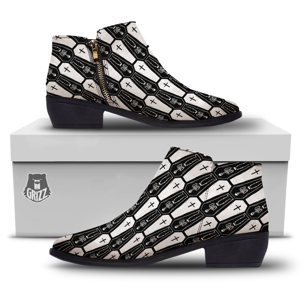 Coffin And Skeleton Print Pattern Ankle Boots-grizzshop