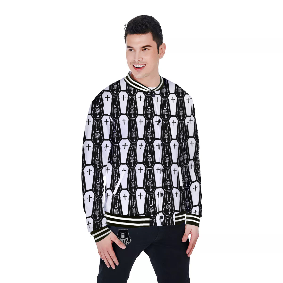 Coffin And Skeleton Print Pattern Baseball Jacket-grizzshop