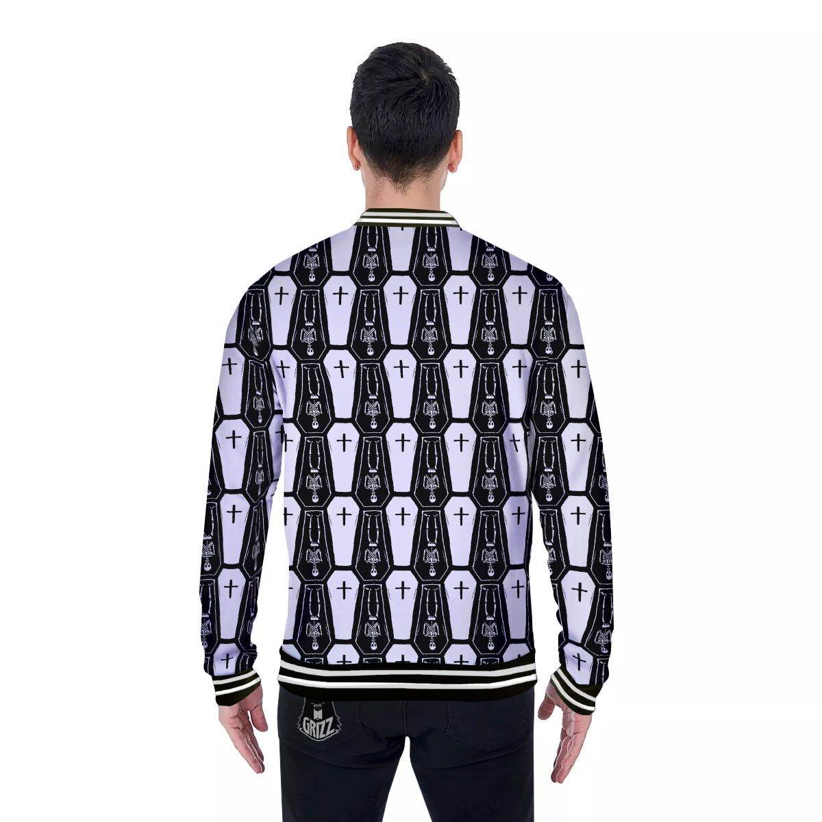 Coffin And Skeleton Print Pattern Baseball Jacket-grizzshop