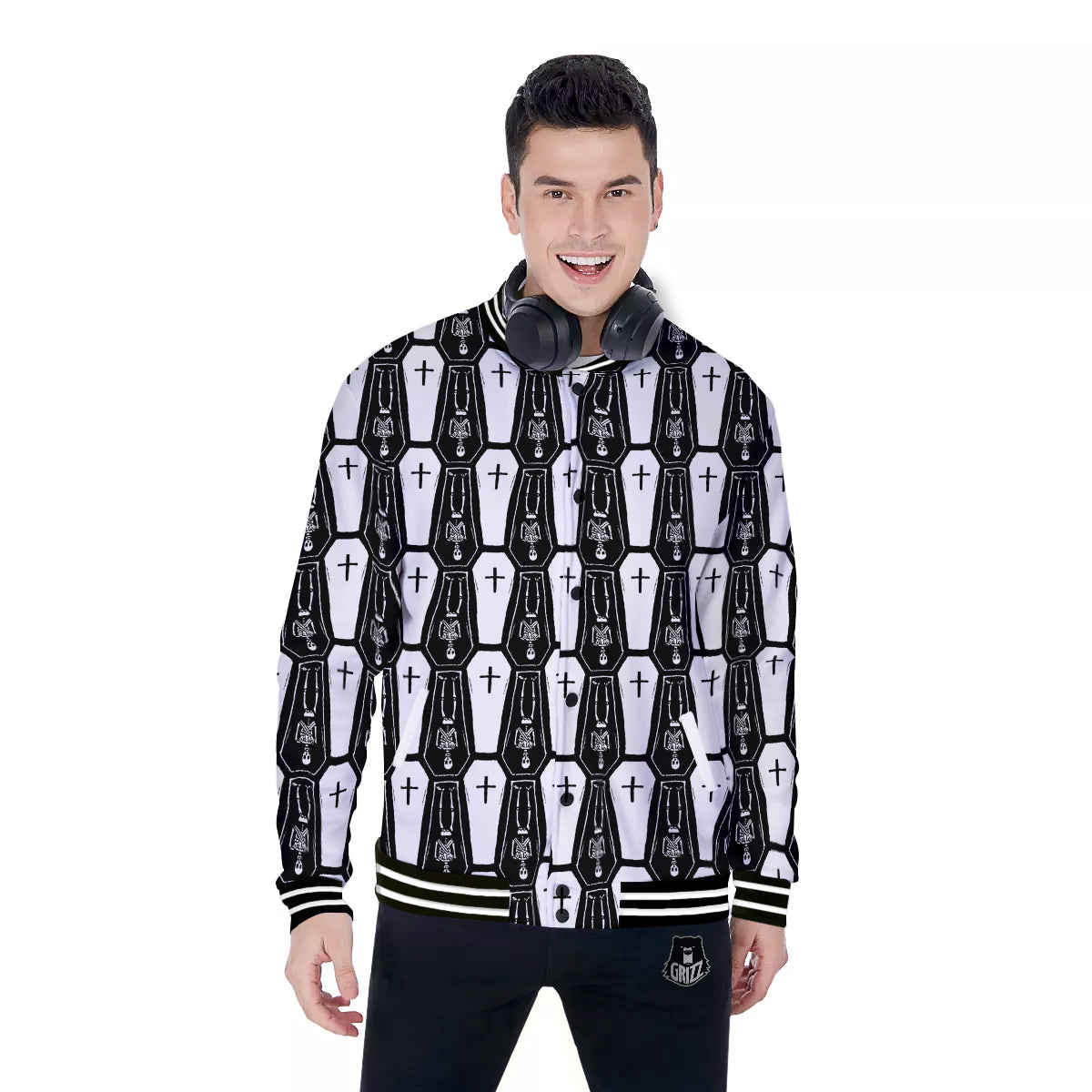 Coffin And Skeleton Print Pattern Baseball Jacket-grizzshop