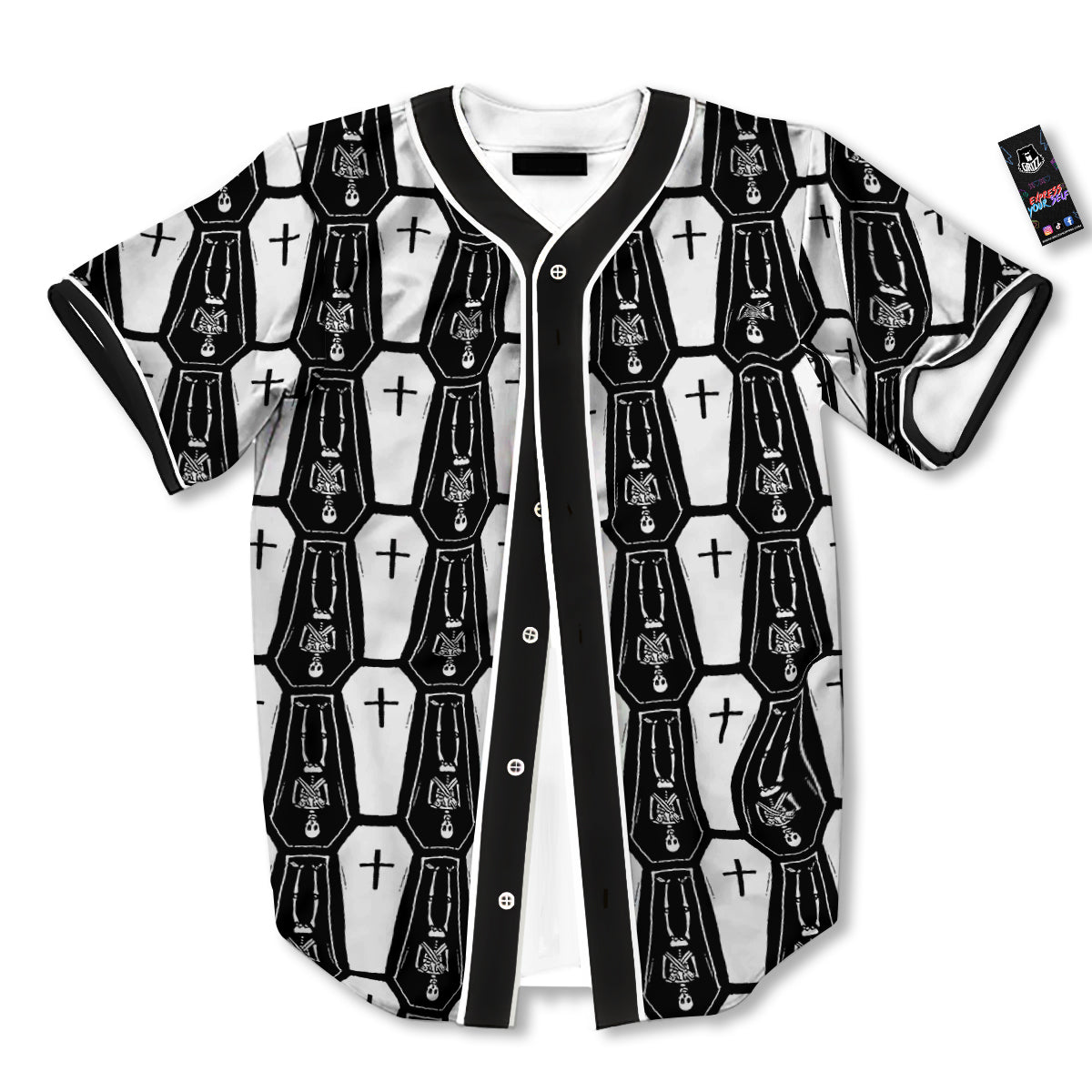 Coffin And Skeleton Print Pattern Baseball Jersey-grizzshop