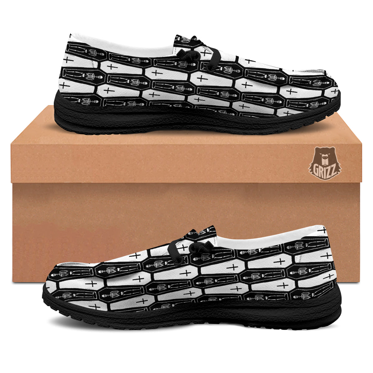 Coffin And Skeleton Print Pattern Black Loafers-grizzshop