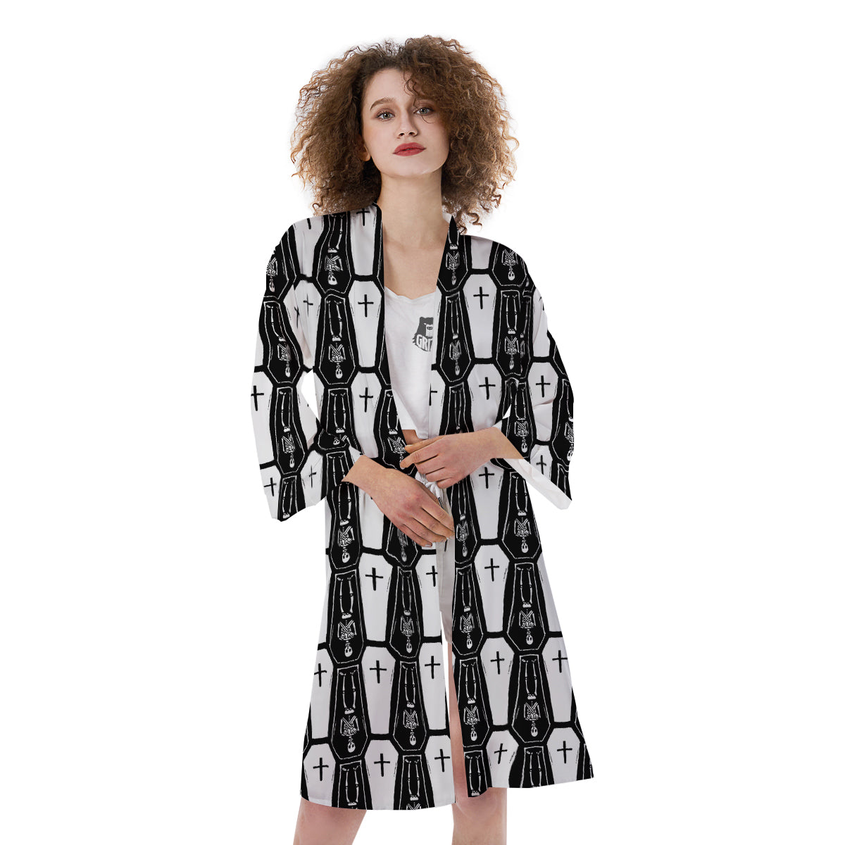 Coffin And Skeleton Print Pattern Kimono-grizzshop
