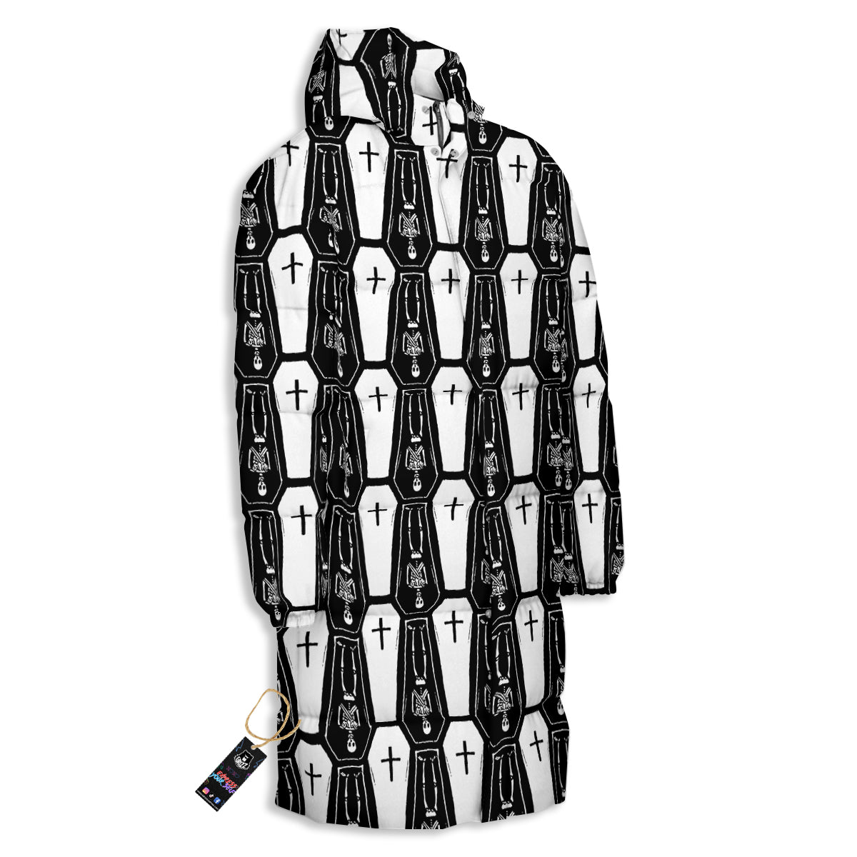 Coffin And Skeleton Print Pattern Long Down Jacket-grizzshop