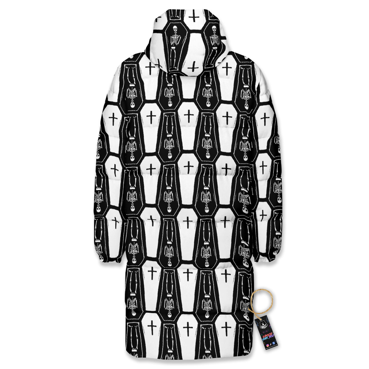 Coffin And Skeleton Print Pattern Long Down Jacket-grizzshop