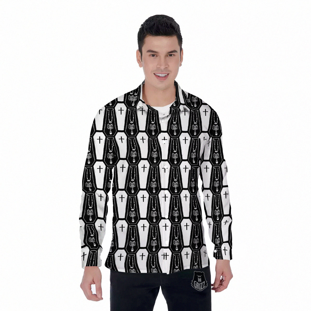 Coffin And Skeleton Print Pattern Men's Long Sleeve Shirts-grizzshop