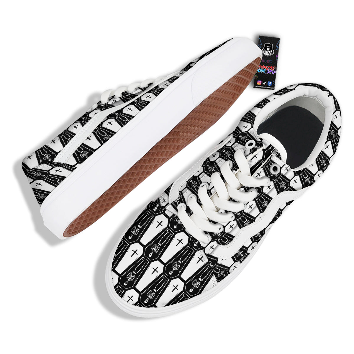 Coffin And Skeleton Print Pattern Skate Shoes-grizzshop