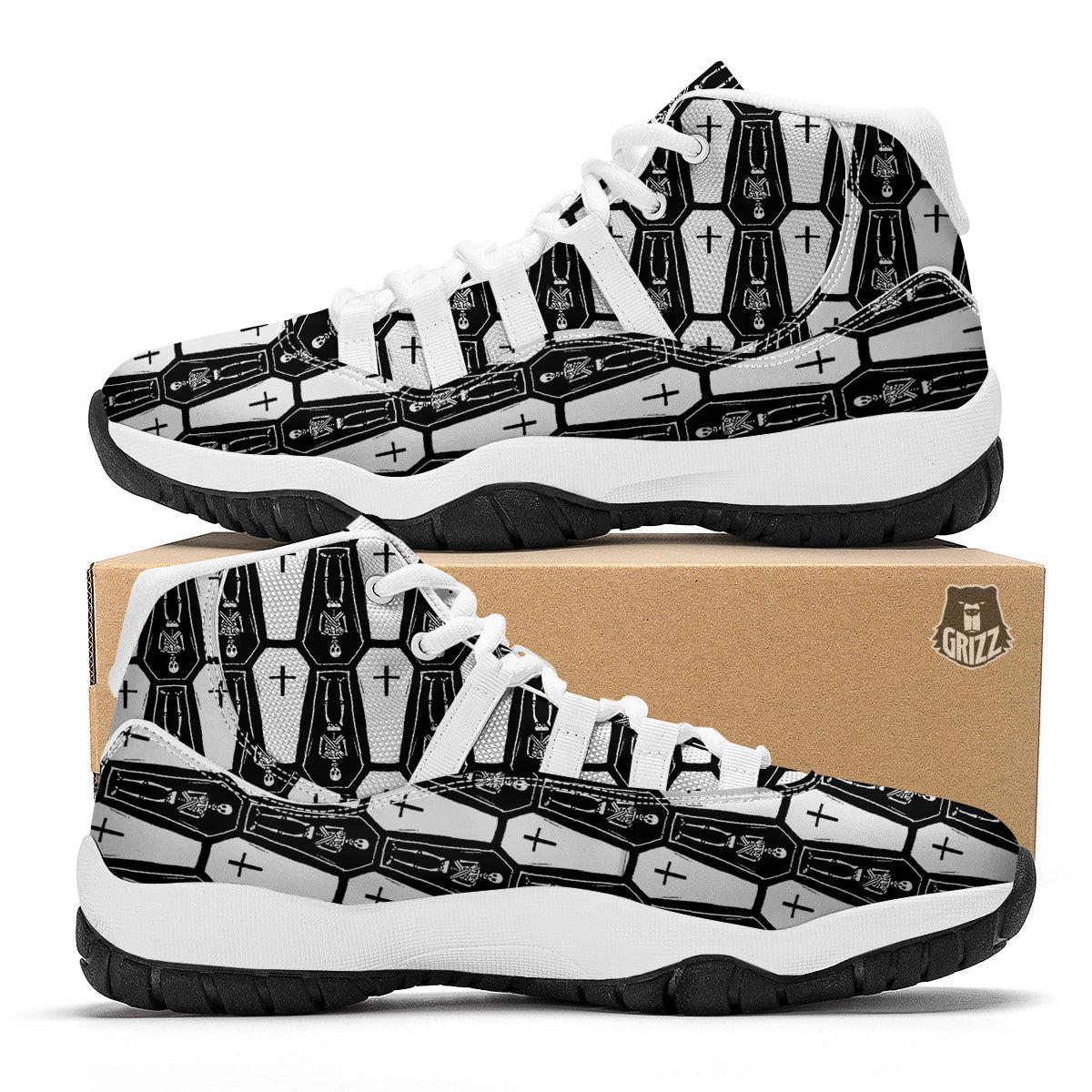 Coffin And Skeleton Print Pattern White Bball Shoes-grizzshop