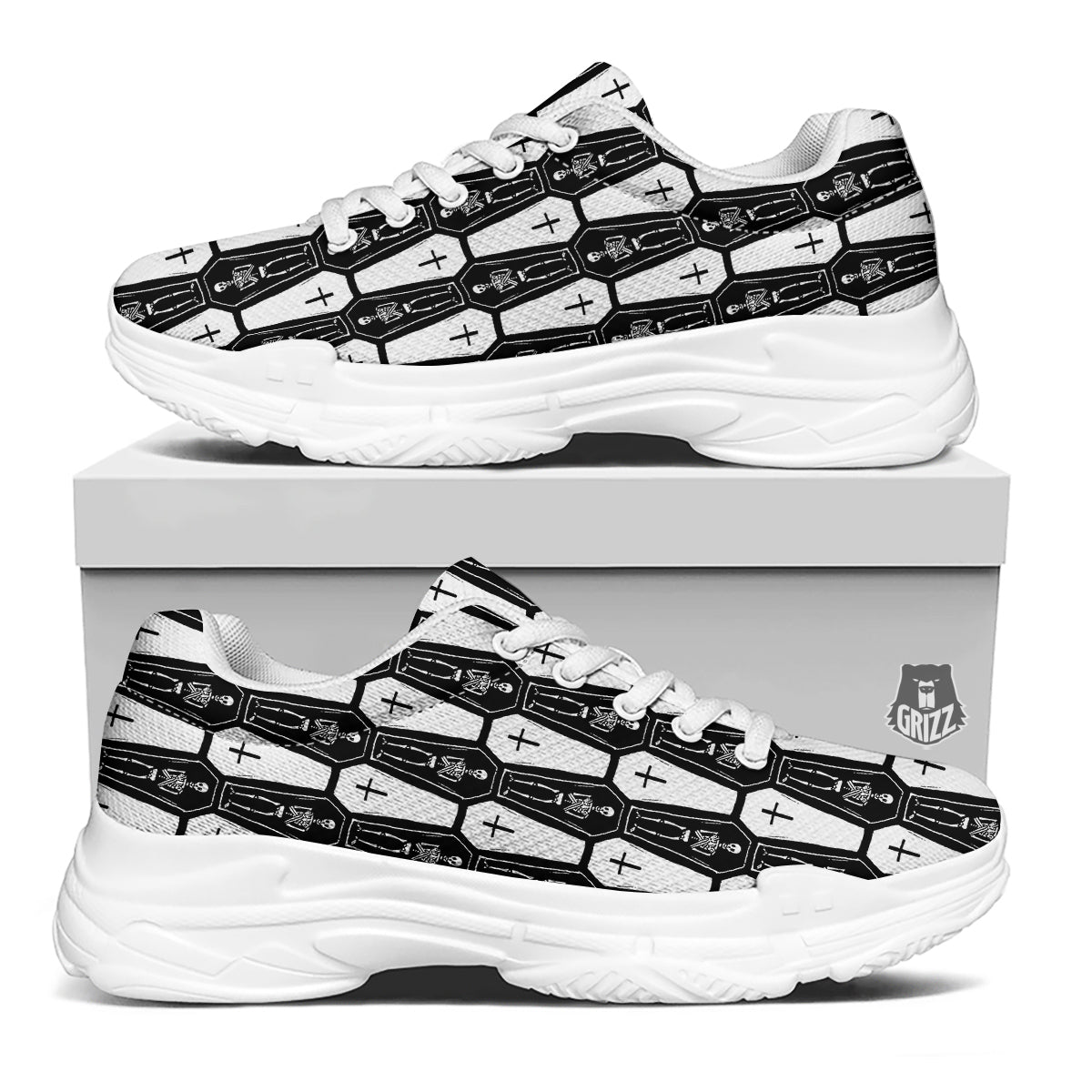 Coffin And Skeleton Print Pattern White Chunky Shoes-grizzshop