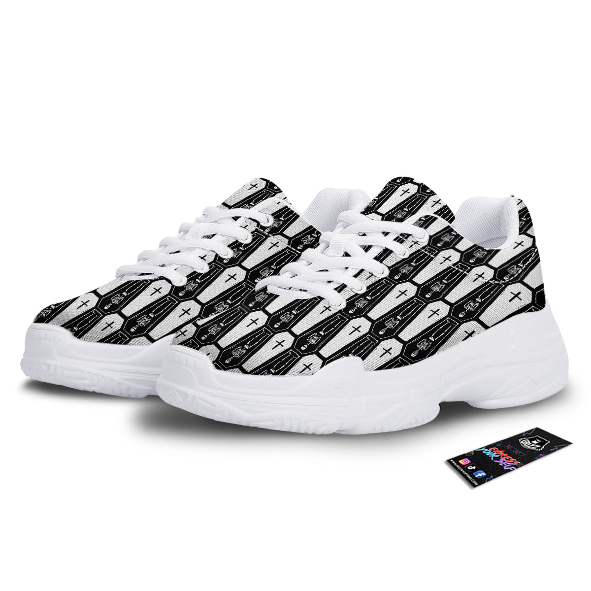 Coffin And Skeleton Print Pattern White Chunky Shoes-grizzshop