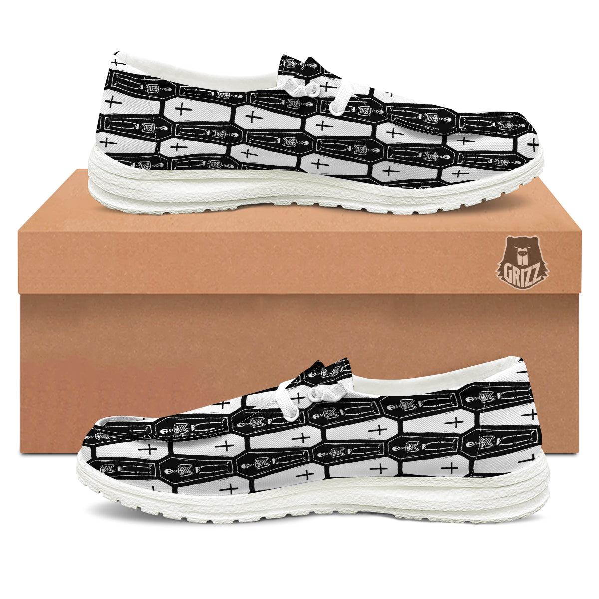 Coffin And Skeleton Print Pattern White Loafers-grizzshop