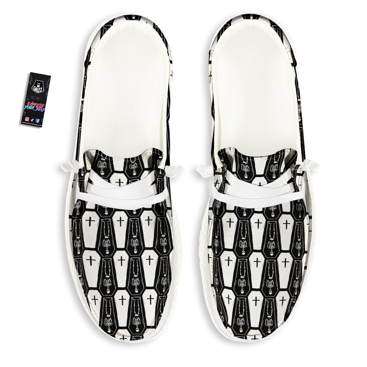 Coffin And Skeleton Print Pattern White Loafers-grizzshop