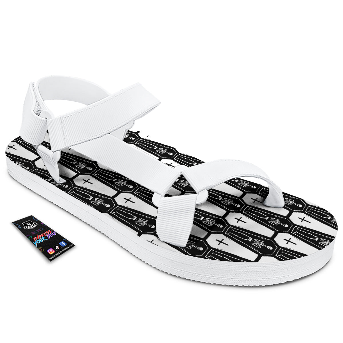 Coffin And Skeleton Print Pattern White Open Toe Sandals-grizzshop