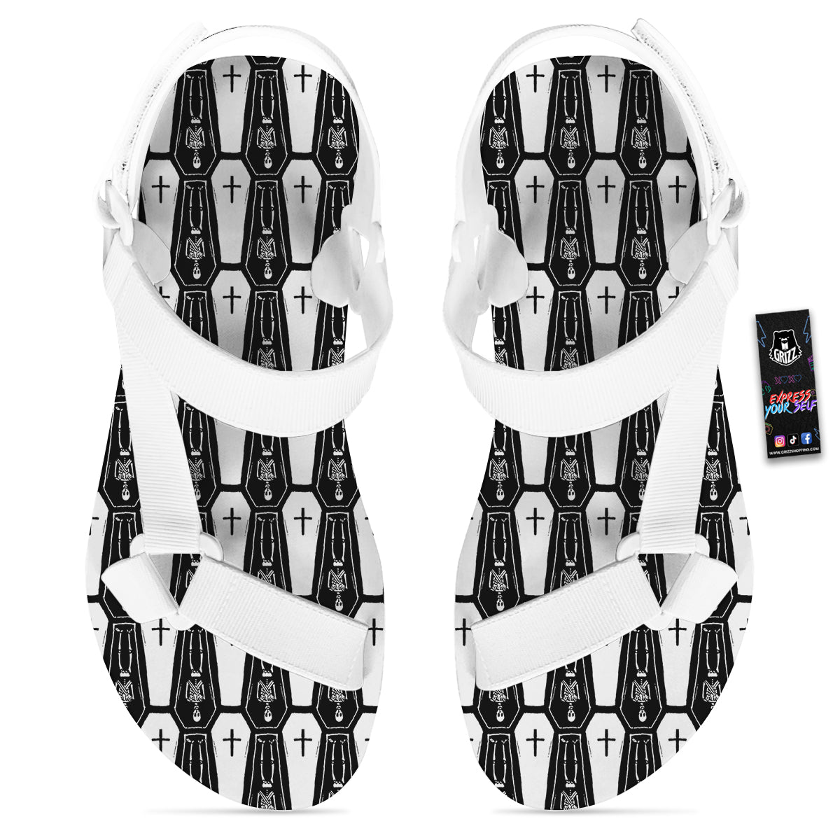Coffin And Skeleton Print Pattern White Open Toe Sandals-grizzshop