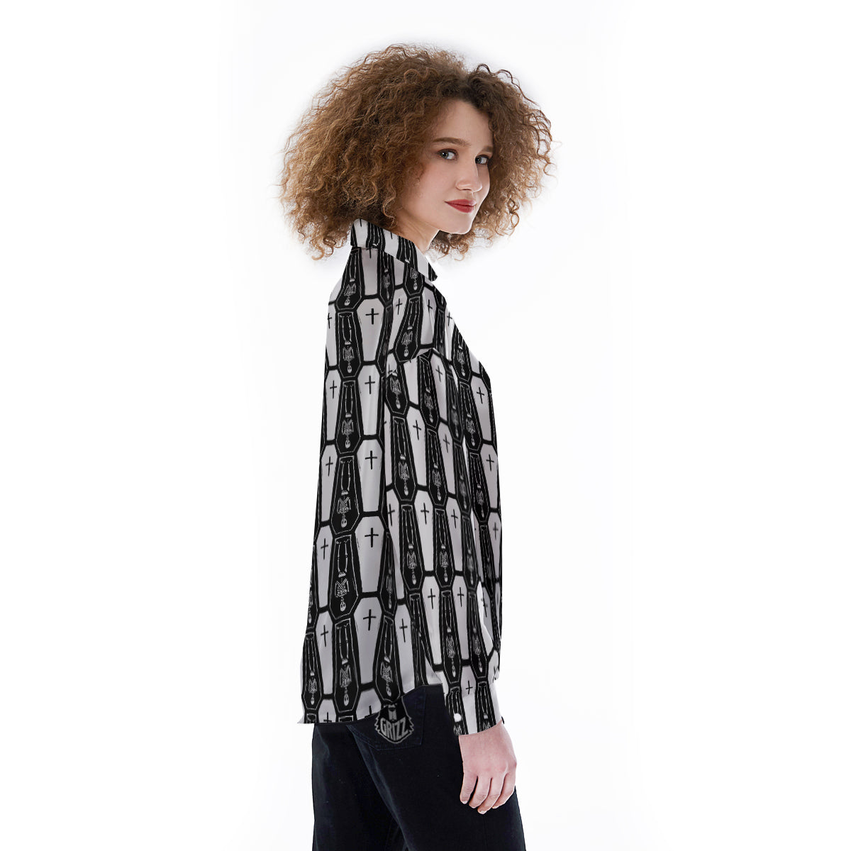 Coffin And Skeleton Print Pattern Women's Long Sleeve Shirts-grizzshop