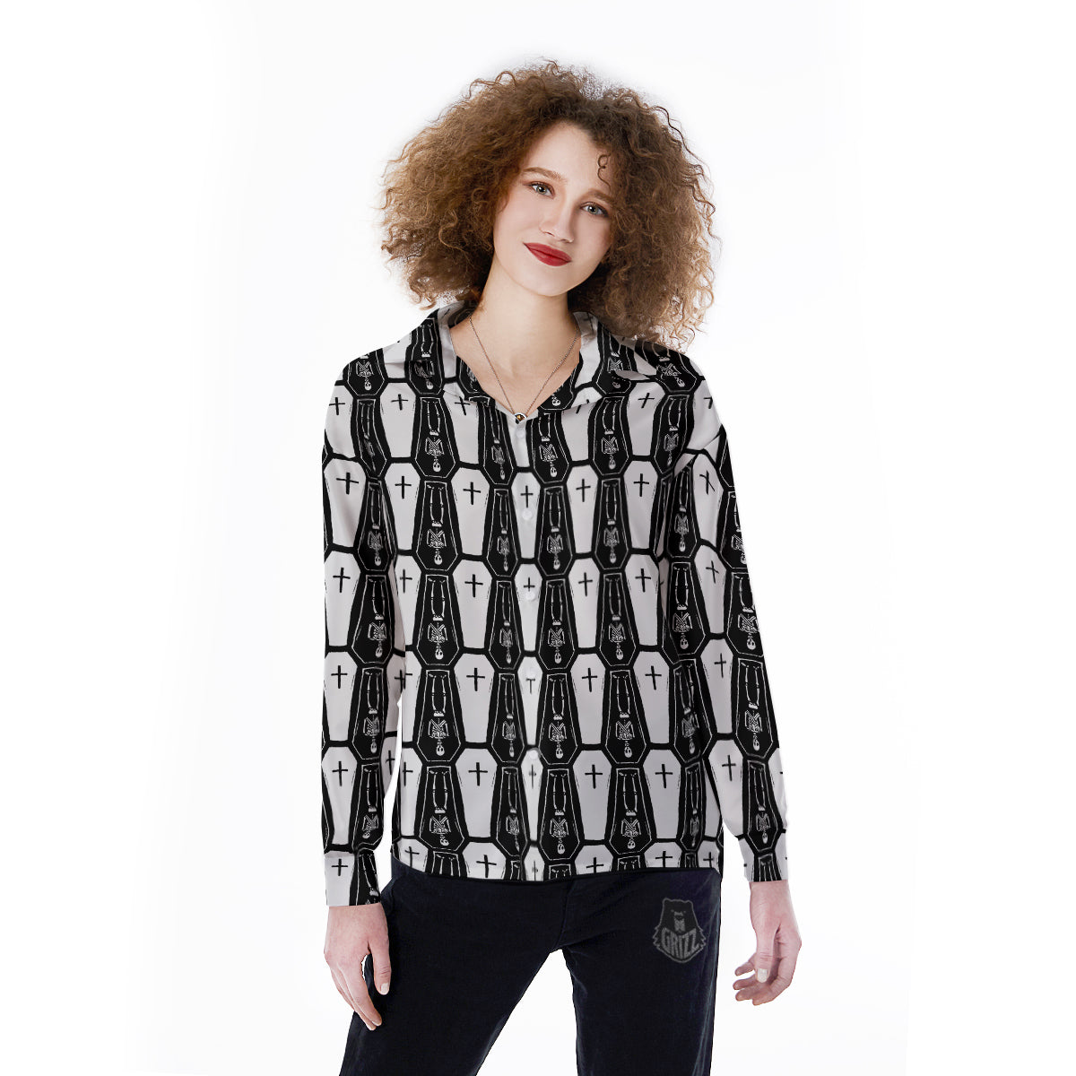 Coffin And Skeleton Print Pattern Women's Long Sleeve Shirts-grizzshop