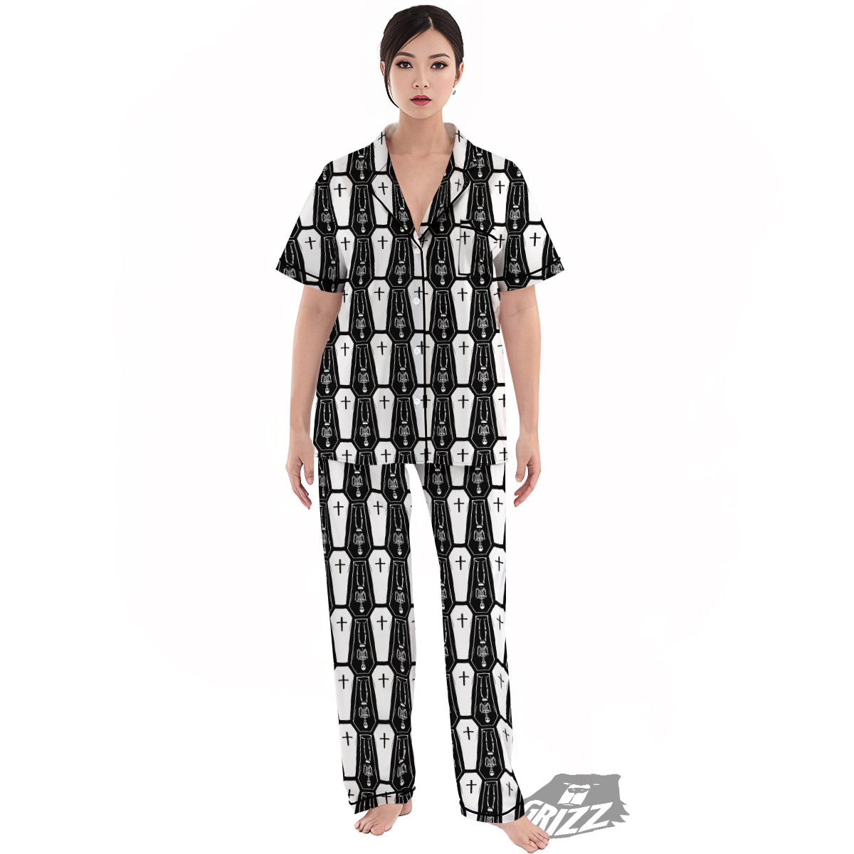 Coffin And Skeleton Print Pattern Women's Pajamas Set-grizzshop