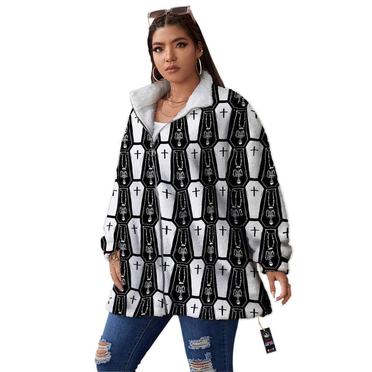 Coffin And Skeleton Print Pattern Women's Sherpa Jacket-grizzshop