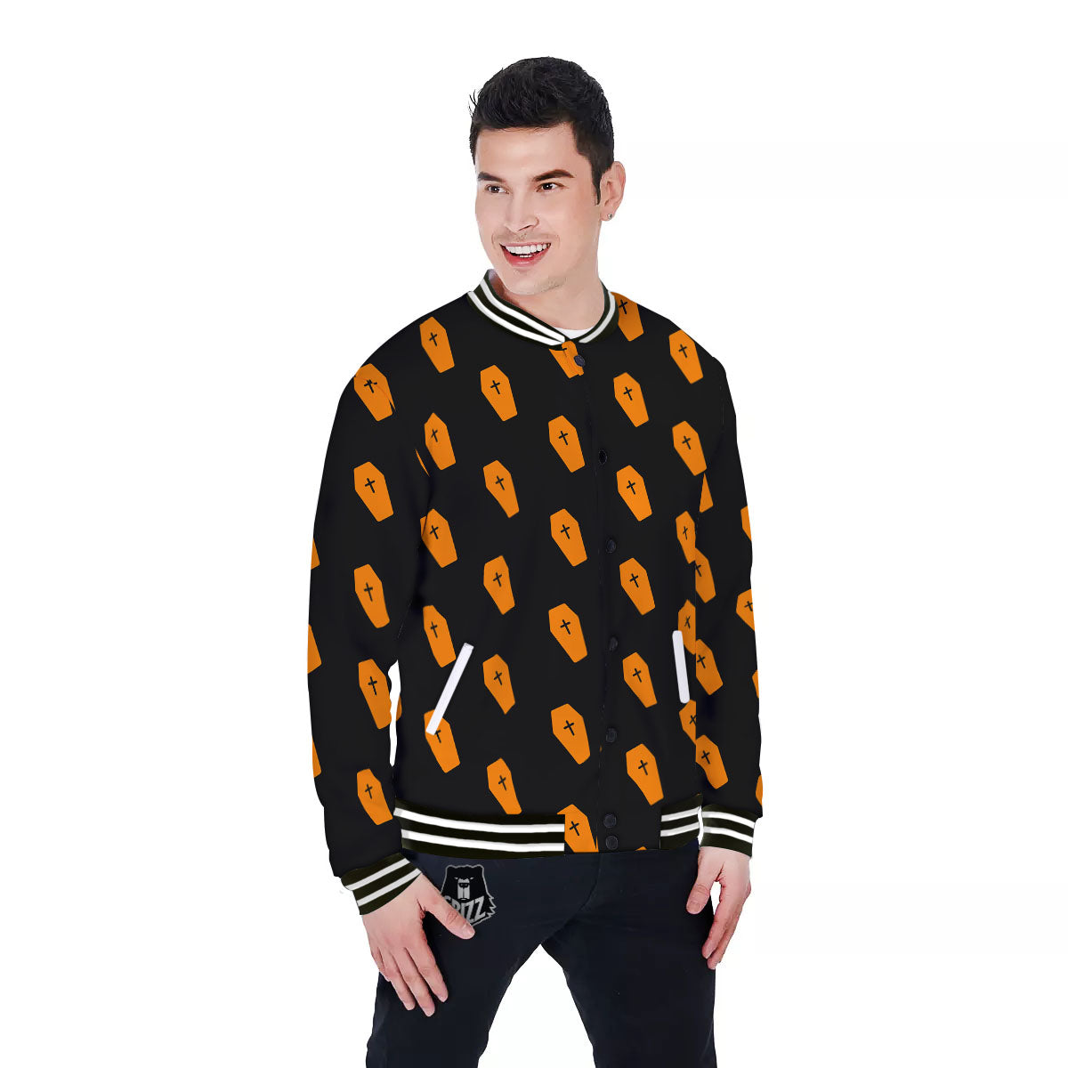 Coffin Orange Halloween Print Pattern Baseball Jacket-grizzshop