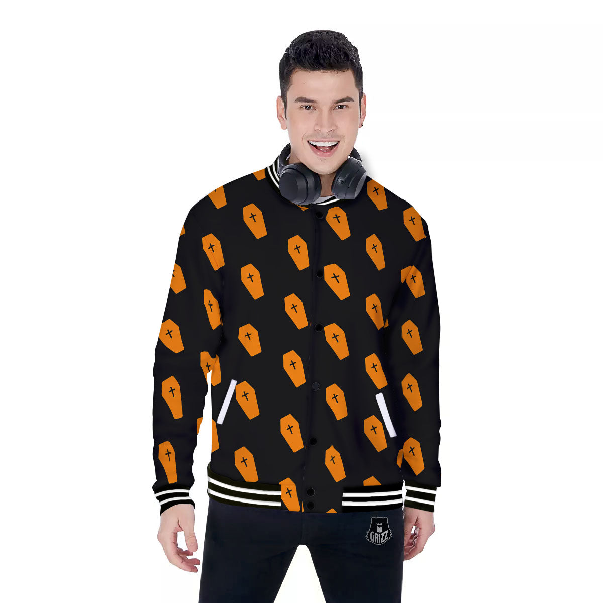 Coffin Orange Halloween Print Pattern Baseball Jacket-grizzshop