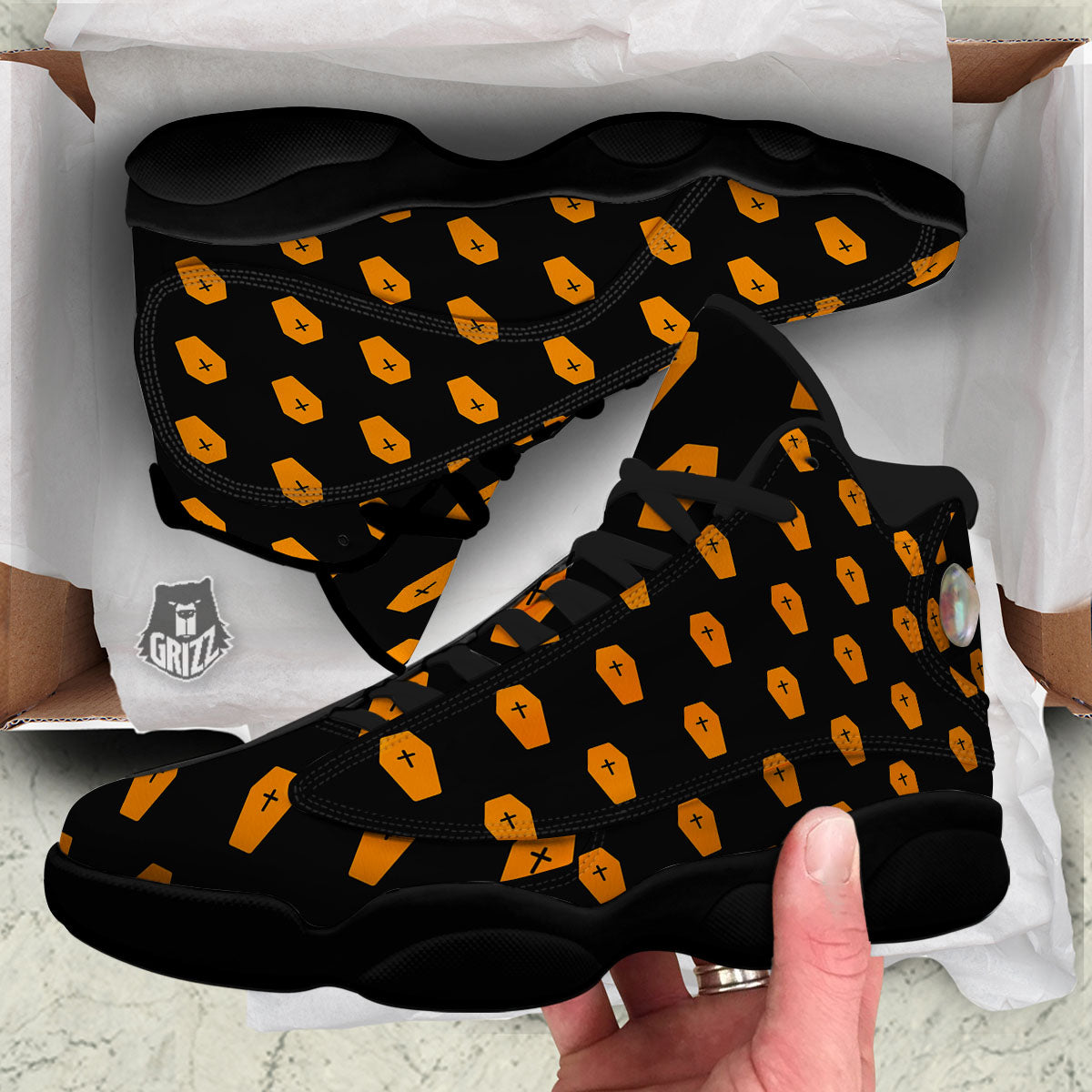 Coffin Orange Halloween Print Pattern Black Basketball Shoes-grizzshop