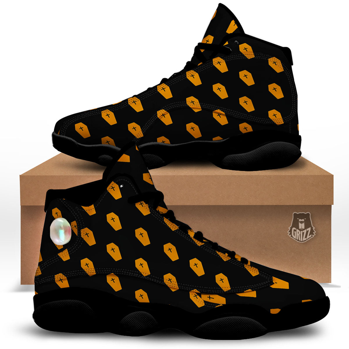 Coffin Orange Halloween Print Pattern Black Basketball Shoes-grizzshop