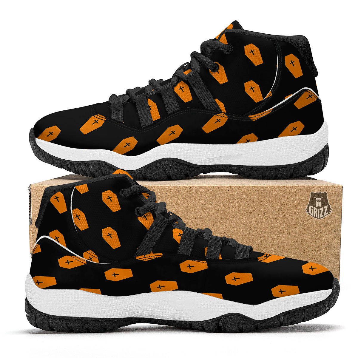 Coffin Orange Halloween Print Pattern Black Bball Shoes-grizzshop