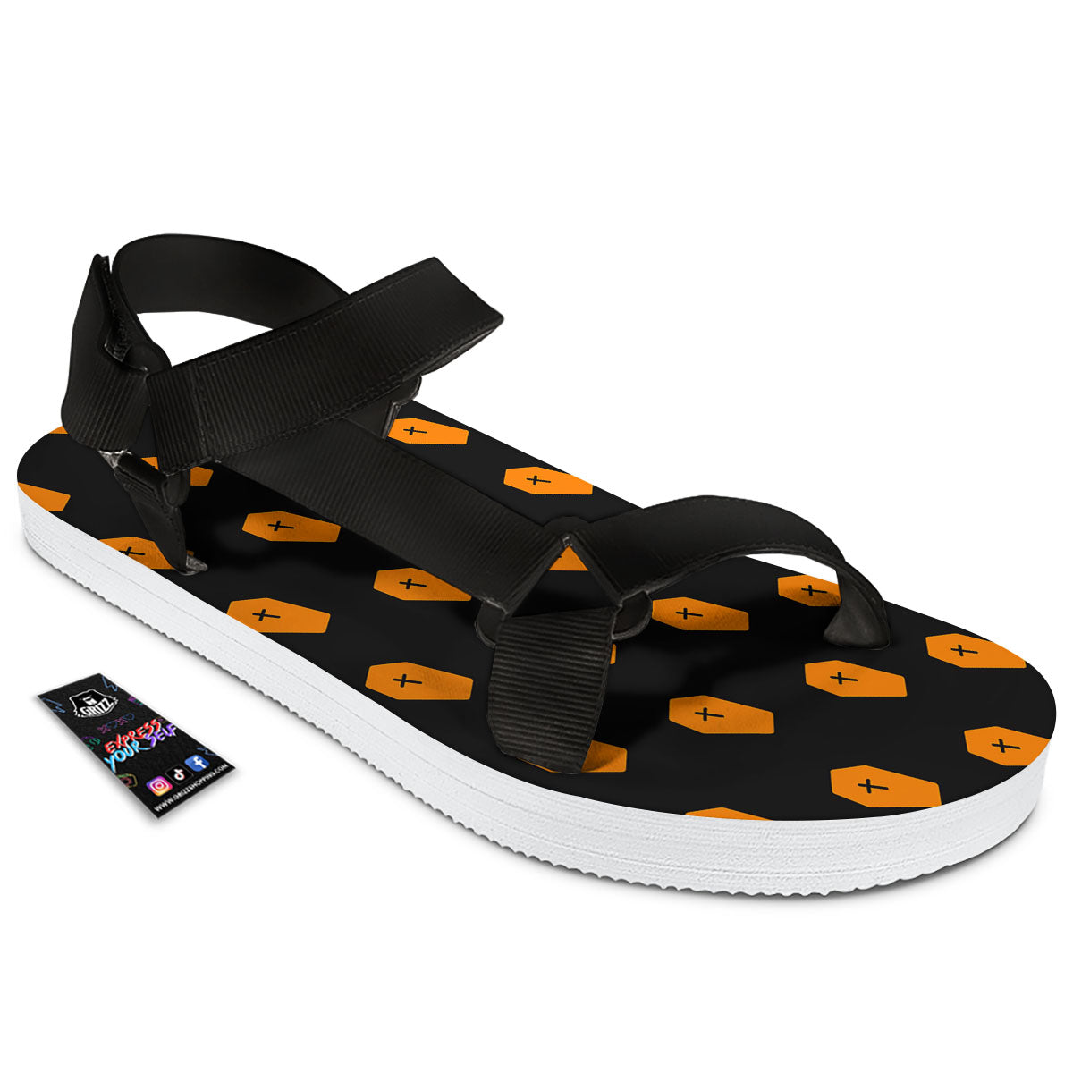 Coffin Orange Halloween Print Pattern Black Open Toe Sandals-grizzshop