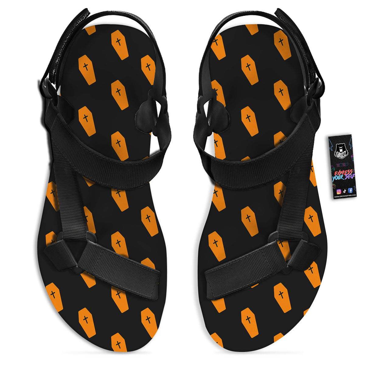 Coffin Orange Halloween Print Pattern Black Open Toe Sandals-grizzshop
