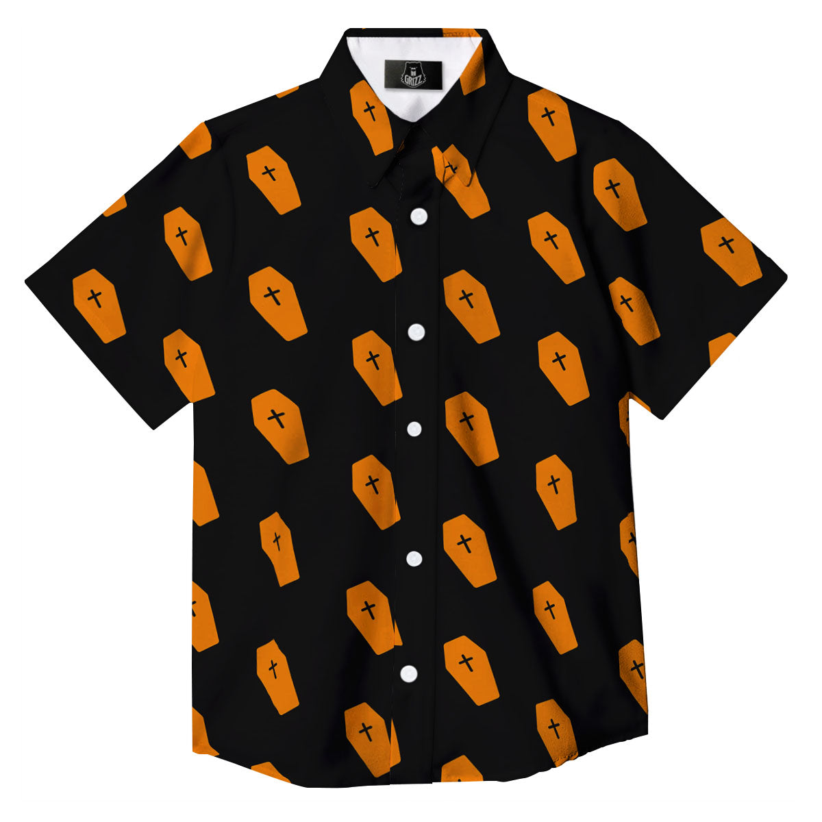 Coffin Orange Halloween Print Pattern Button Up Shirt-grizzshop