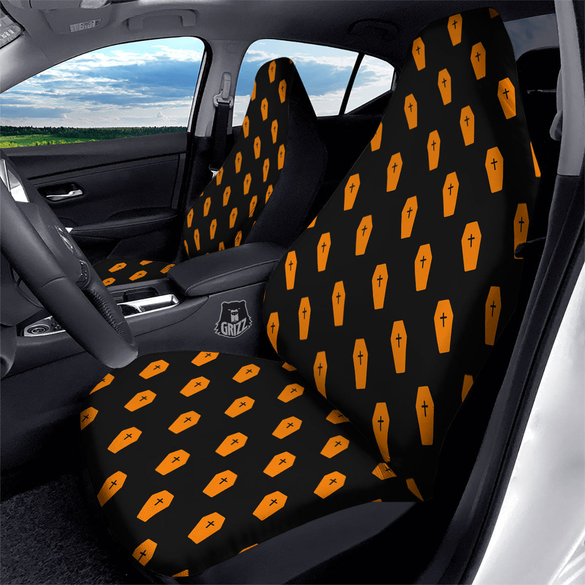 Coffin Orange Halloween Print Pattern Car Seat Covers-grizzshop