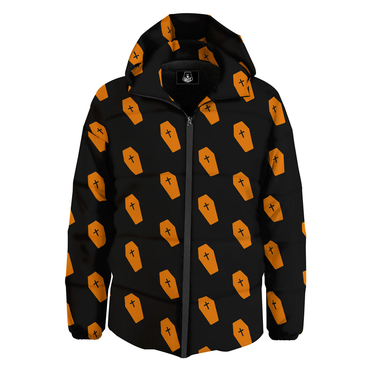 Coffin Orange Halloween Print Pattern Down Jacket-grizzshop
