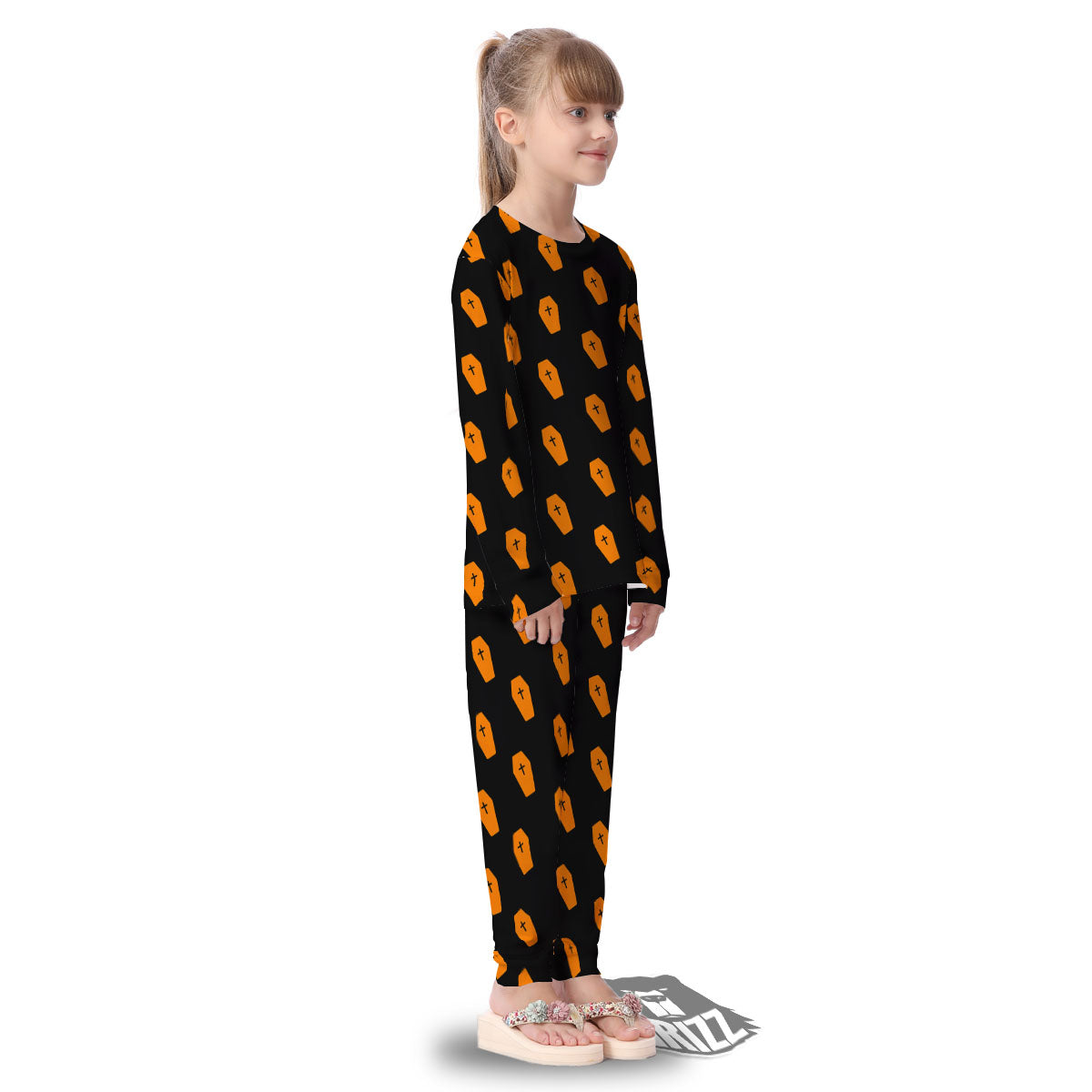 Coffin Orange Halloween Print Pattern Kid's Pajamas-grizzshop