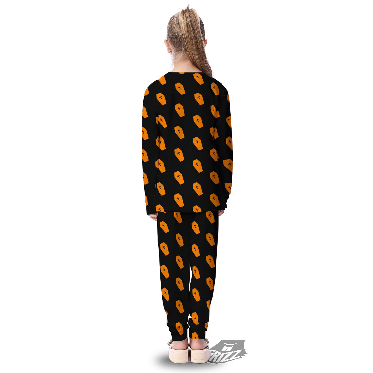 Coffin Orange Halloween Print Pattern Kid's Pajamas-grizzshop