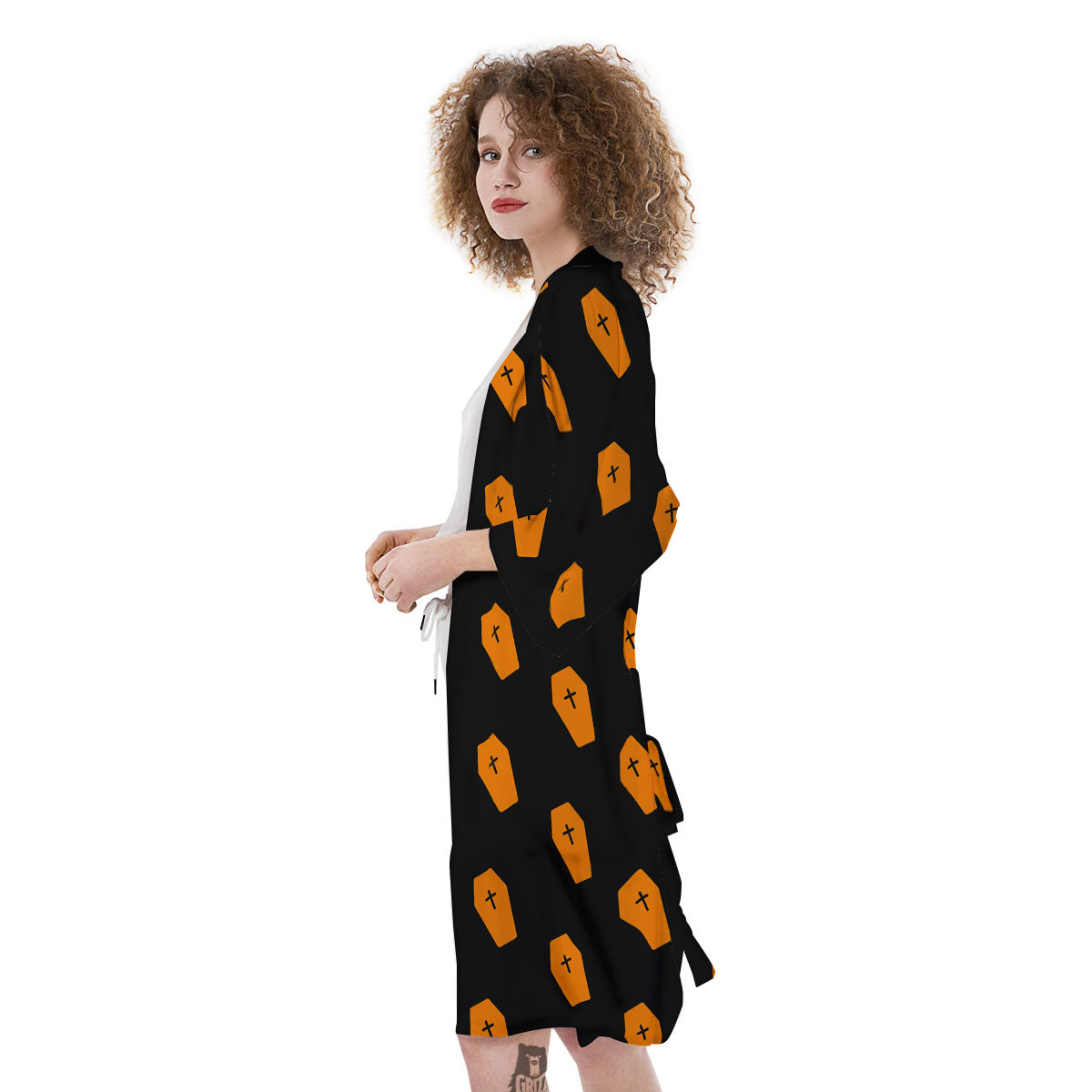 Coffin Orange Halloween Print Pattern Kimono-grizzshop
