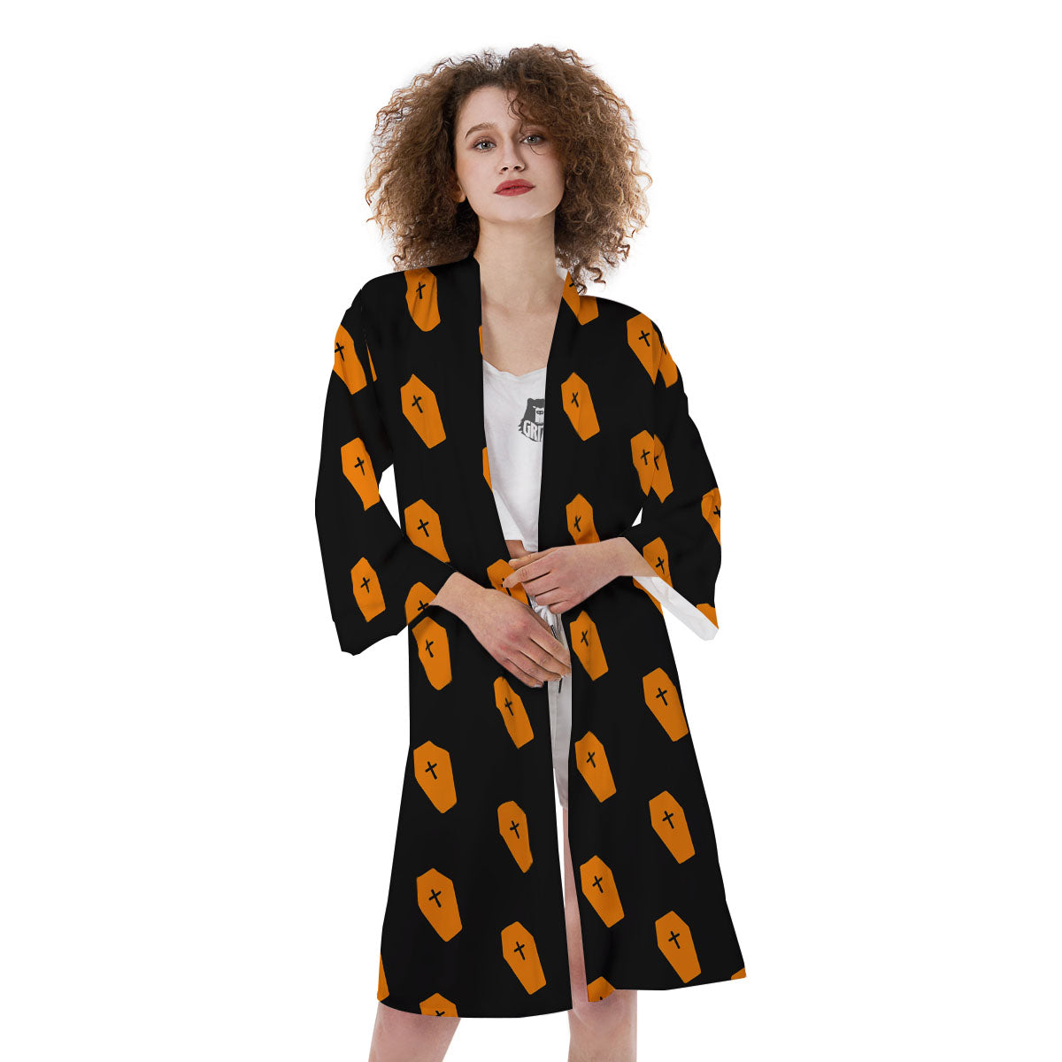 Coffin Orange Halloween Print Pattern Kimono-grizzshop