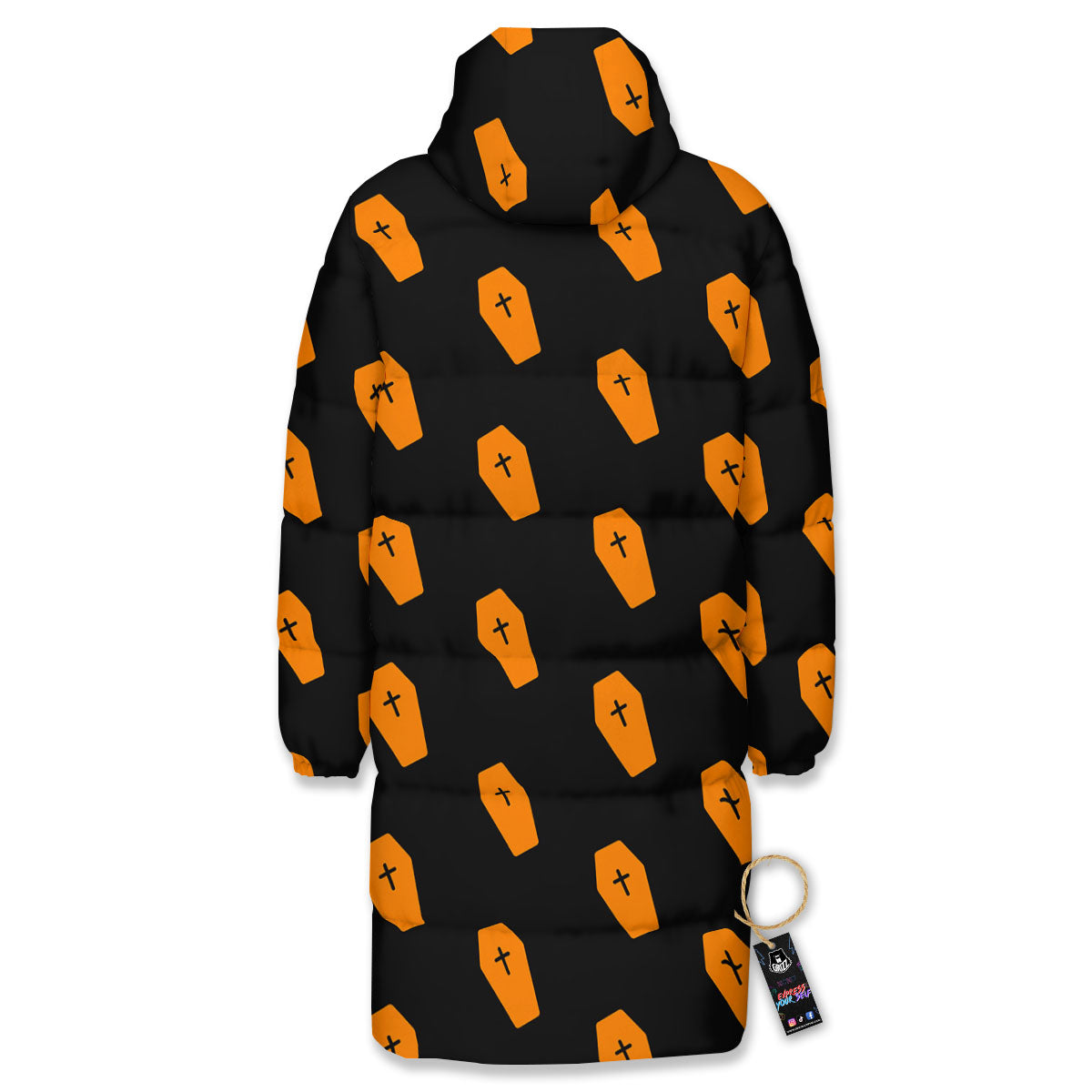 Coffin Orange Halloween Print Pattern Long Down Jacket-grizzshop