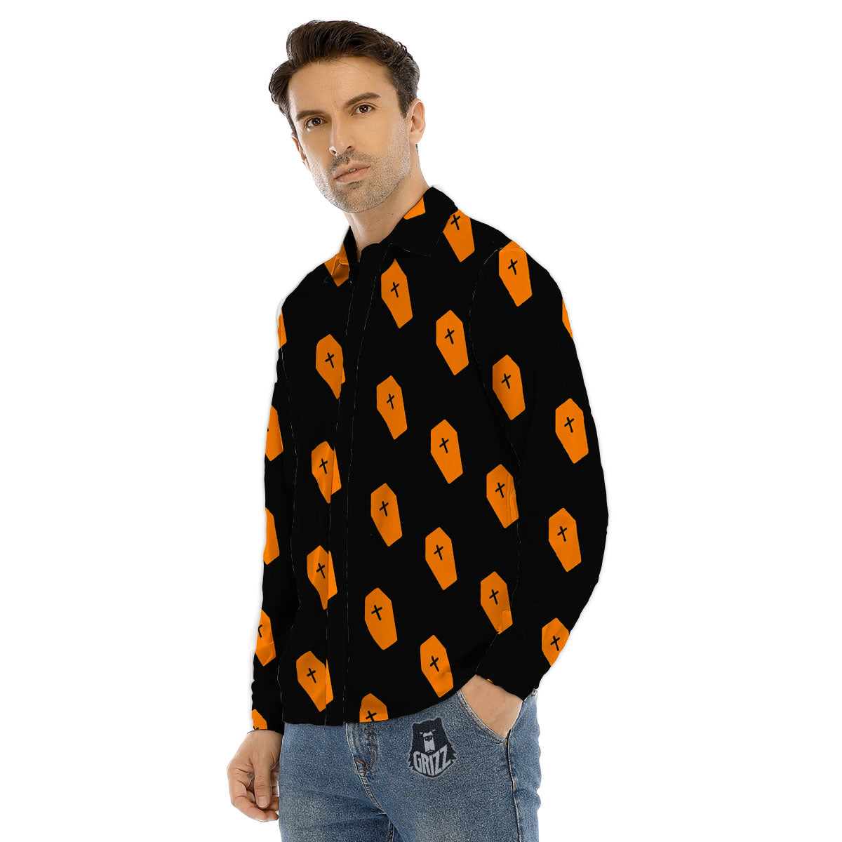 Coffin Orange Halloween Print Pattern Men's Dress Shirts-grizzshop