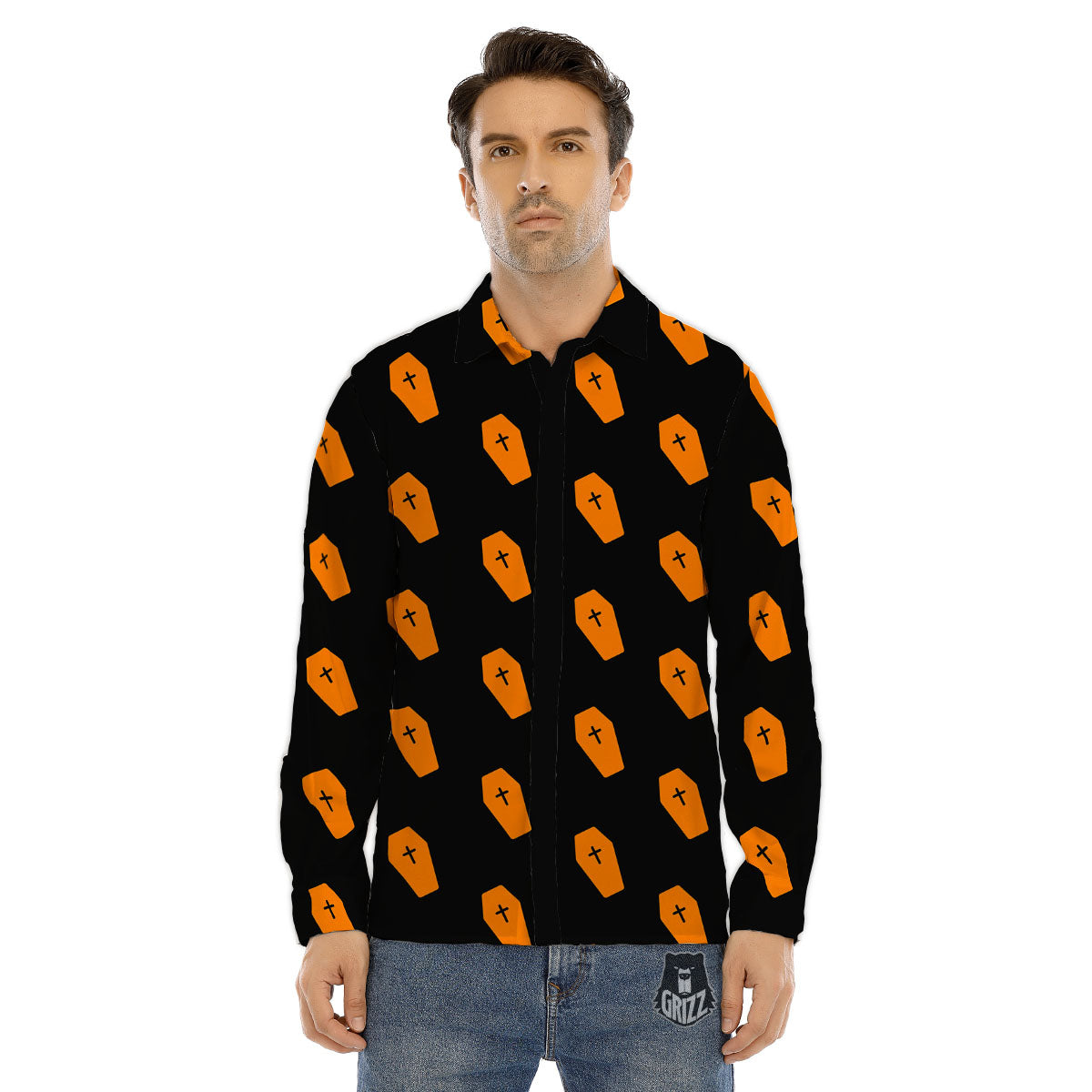 Coffin Orange Halloween Print Pattern Men's Dress Shirts-grizzshop