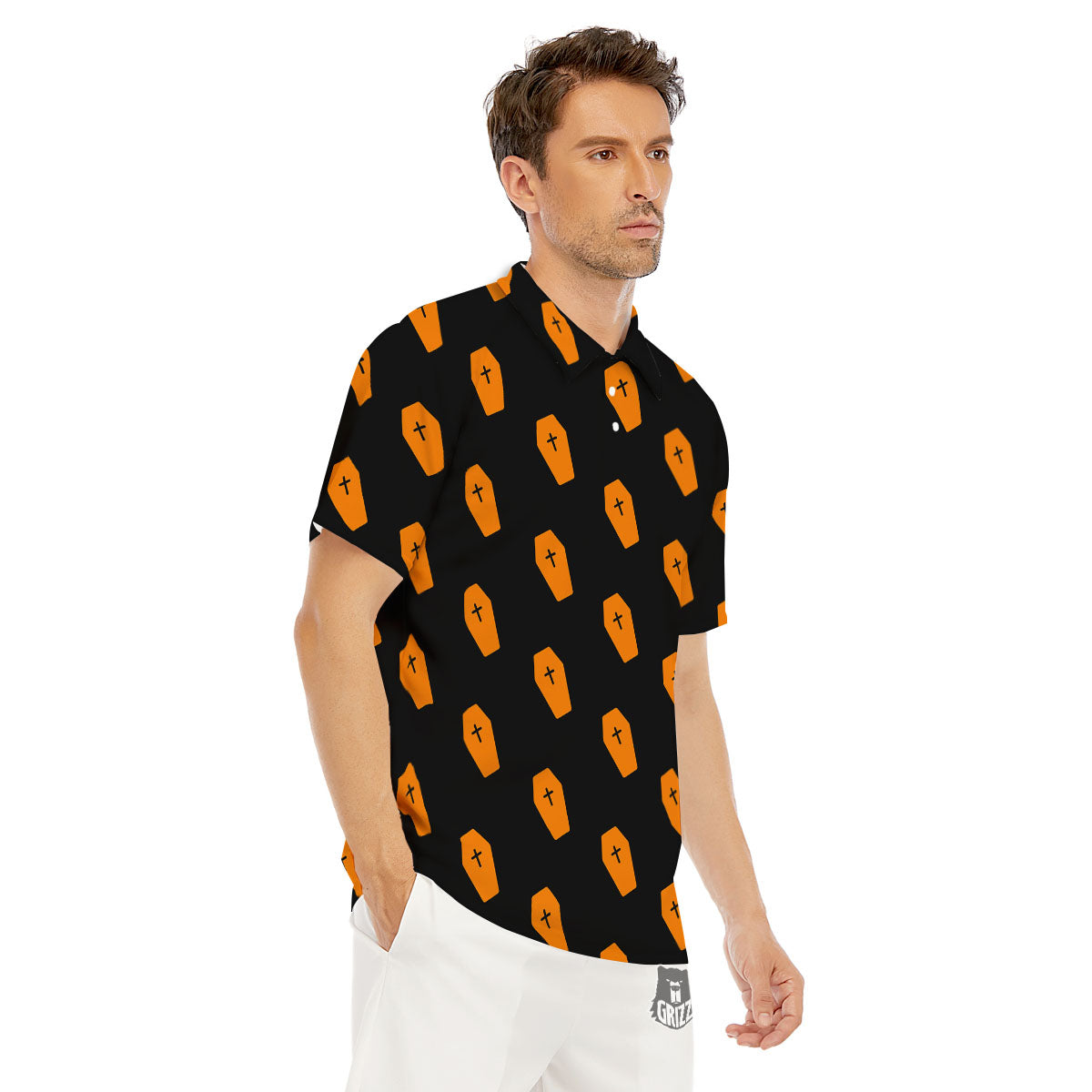Coffin Orange Halloween Print Pattern Men's Golf Shirts-grizzshop