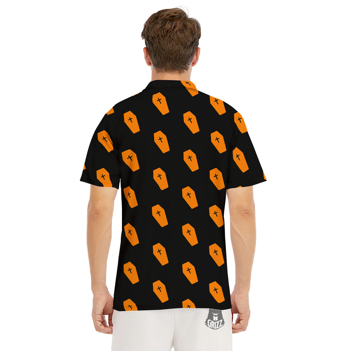 Coffin Orange Halloween Print Pattern Men's Golf Shirts-grizzshop