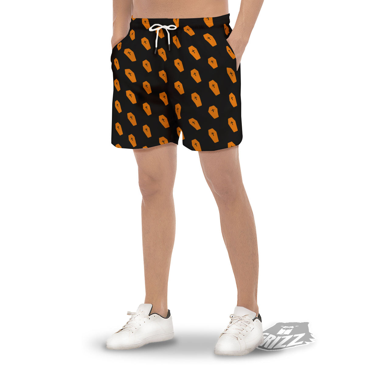 Coffin Orange Halloween Print Pattern Men's Gym Shorts-grizzshop