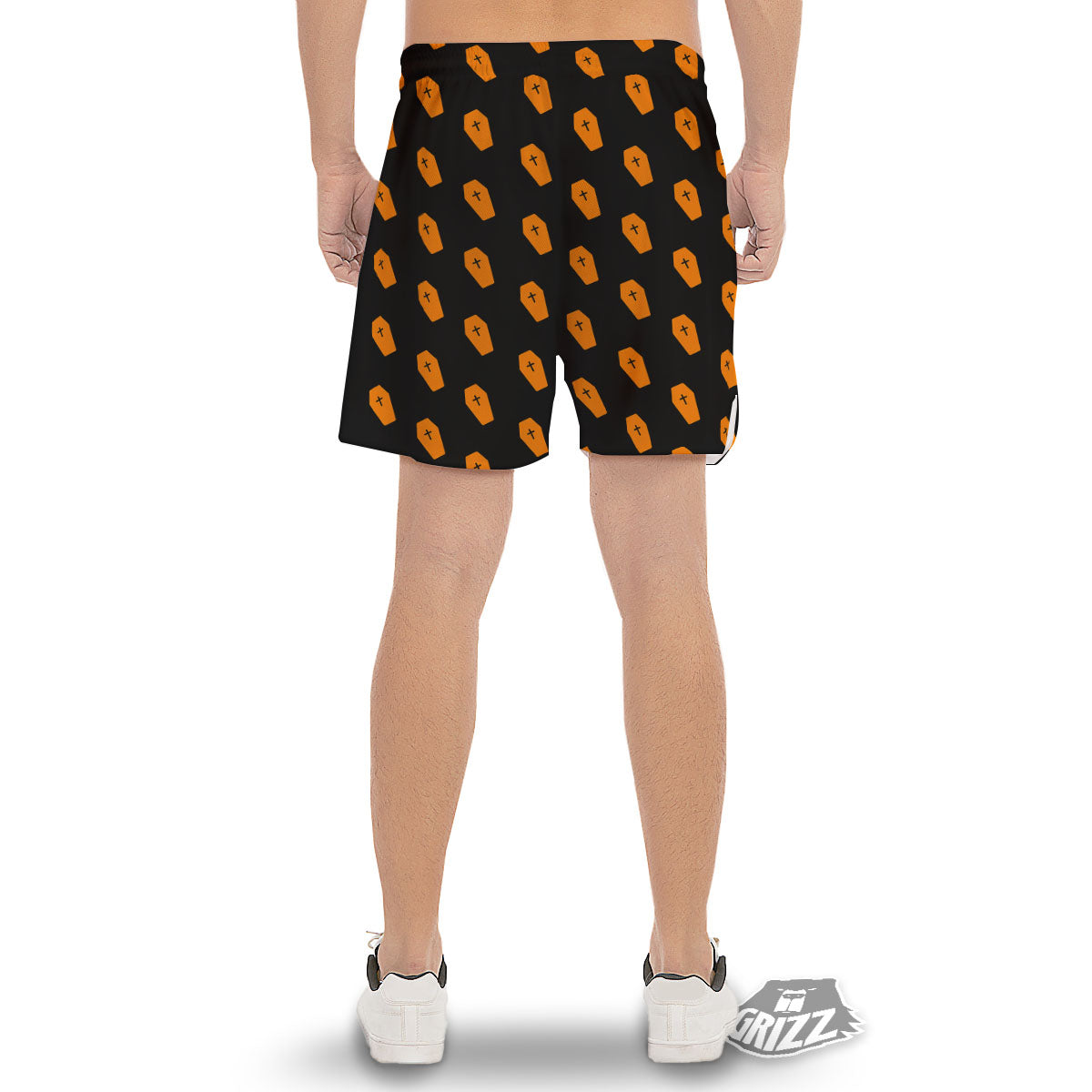Coffin Orange Halloween Print Pattern Men's Gym Shorts-grizzshop