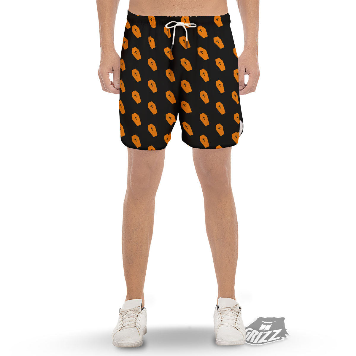 Coffin Orange Halloween Print Pattern Men's Gym Shorts-grizzshop