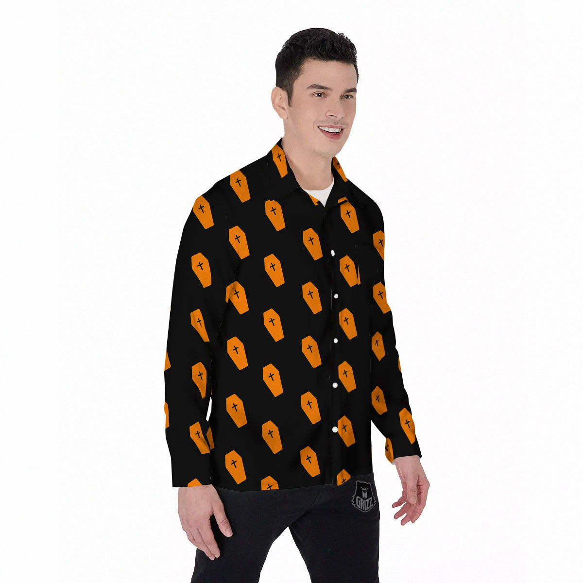 Coffin Orange Halloween Print Pattern Men's Long Sleeve Shirts-grizzshop