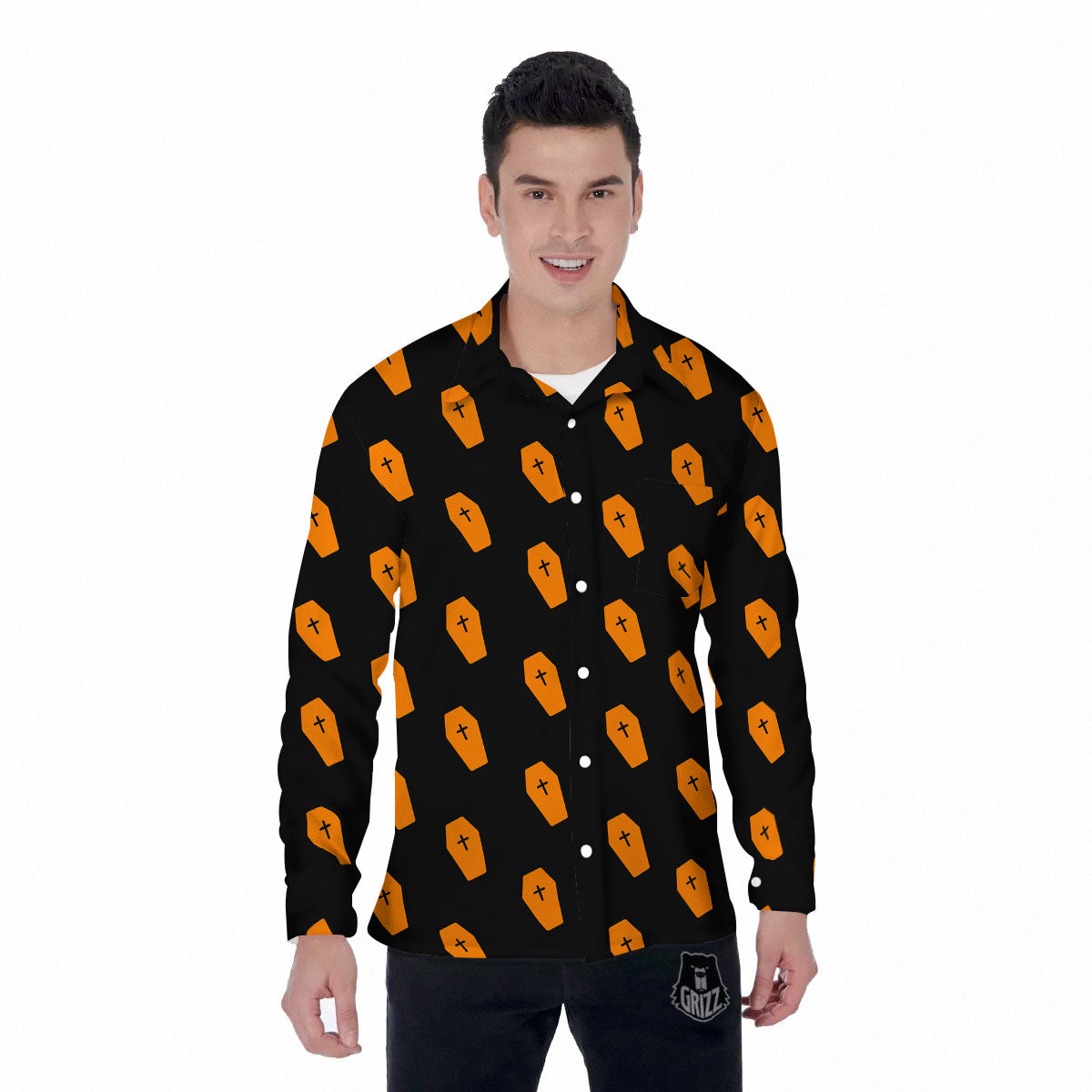 Coffin Orange Halloween Print Pattern Men's Long Sleeve Shirts-grizzshop