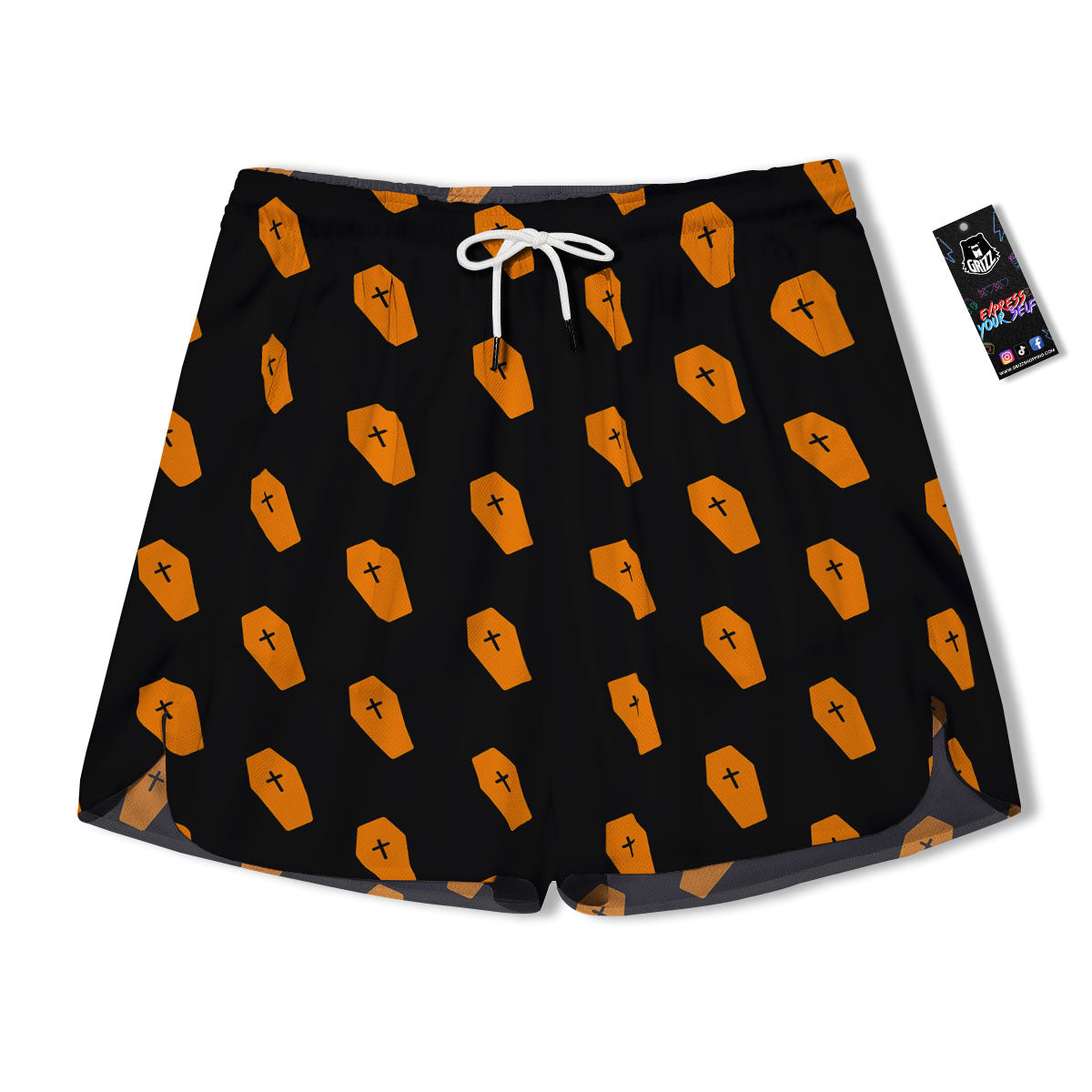 Coffin Orange Halloween Print Pattern Men's Running Shorts-grizzshop